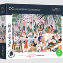 Everyday Joy Botanic Vibes jigsaw puzzle by Trefl, featuring a vibrant indoor scene filled with plants and people engaging in various artistic activities. The artwork showcases a cozy, creative atmosphere with a variety of houseplants, a comfortable seating area, and individuals painting, watering plants, and enjoying their surroundings, designed to bring joy and inspiration.