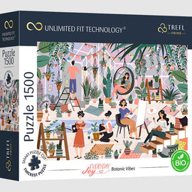 Everyday Joy Botanic Vibes jigsaw puzzle by Trefl, featuring a vibrant indoor scene filled with plants and people engaging in various artistic activities. The artwork showcases a cozy, creative atmosphere with a variety of houseplants, a comfortable seating area, and individuals painting, watering plants, and enjoying their surroundings, designed to bring joy and inspiration.