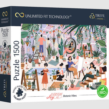 Everyday Joy Botanic Vibes jigsaw puzzle by Trefl, featuring a vibrant indoor scene filled with plants and people engaging in various artistic activities. The artwork showcases a cozy, creative atmosphere with a variety of houseplants, a comfortable seating area, and individuals painting, watering plants, and enjoying their surroundings, designed to bring joy and inspiration.