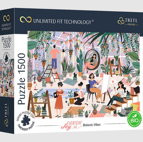 Everyday Joy Botanic Vibes jigsaw puzzle by Trefl, featuring a vibrant indoor scene filled with plants and people engaging in various artistic activities. The artwork showcases a cozy, creative atmosphere with a variety of houseplants, a comfortable seating area, and individuals painting, watering plants, and enjoying their surroundings, designed to bring joy and inspiration.