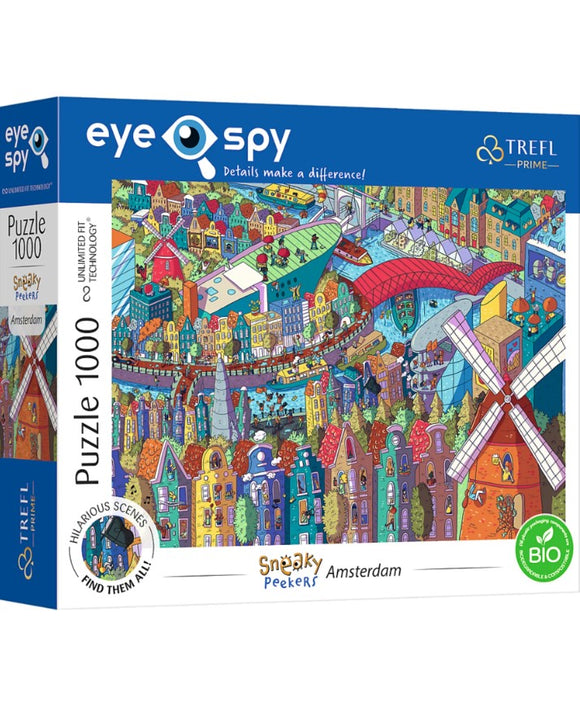 Sneaky Peekers Amsterdam jigsaw puzzle by Trefl, featuring a vibrant, colorful illustration of Amsterdam's iconic buildings, canals, and windmills. This 1000-piece puzzle challenges users to find hidden scenes amid amusing elements, promoting fun and engagement for puzzlers of all ages.
