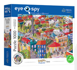 Sneaky Peekers Paris jigsaw puzzle by Trefl, featuring a vibrant and detailed illustration of Paris with iconic landmarks, like the Eiffel Tower, and humorous scenes. The puzzle consists of 1000 pieces and showcases colorful buildings, people, and activities, inviting players to find hidden elements within the artwork.
