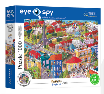 Sneaky Peekers Paris jigsaw puzzle by Trefl, featuring a vibrant and detailed illustration of Paris with iconic landmarks, like the Eiffel Tower, and humorous scenes. The puzzle consists of 1000 pieces and showcases colorful buildings, people, and activities, inviting players to find hidden elements within the artwork.