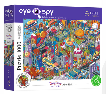 Imaginary Cities New York jigsaw puzzle by Trefl featuring a vibrant and detailed illustration of a whimsical New York cityscape filled with humorous scenes. The box showcases a colorful array of buildings, characters, and iconic landmarks, making it an engaging 1000-piece puzzle for both children and adults.