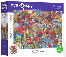 Imaginary Cities Rome jigsaw puzzle by Trefl, featuring a vibrant and detailed illustration of a whimsical cityscape filled with landmarks, humorous scenes, and various characters, allowing players to explore and discover hidden elements throughout the 1000-piece puzzle.