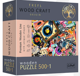Trefl In the World of Music wooden jigsaw puzzle featuring a vibrant collage of musical elements, including vinyl records, instruments, and vintage concert posters. The packaging highlights the puzzle's uniqueness with 'Premium Wooden Line' and '500+1' pieces, suggesting a creative and enjoyable experience for music lovers.