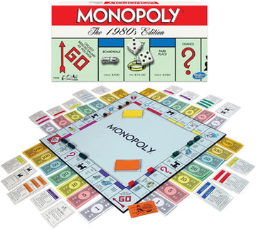 A complete set of Monopoly: Classic Edition game by Hasbro, featuring the game board, colorful property cards, play money, and dice. The box displays the iconic Monopoly branding and 'The 1980's Edition' label. The game board shows various properties, with the 'GO' space clearly visible.