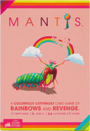 The Mantis game box by Exploding Kittens features a colorful design with a cartoonish mantis character holding a rainbow. The text emphasizes it as a cutthroat card game about rainbows and revenge, suitable for ages 7 and up, for 2-6 players, and takes around 10 minutes to play.