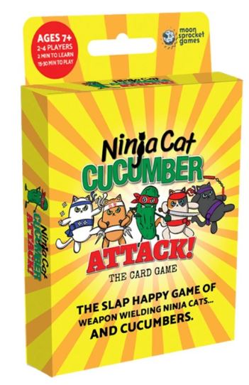 Ninja Cat Cucumber Attack card game by Moonsprocket Games, designed for ages 7 and up. The colorful packaging features playful illustrations of ninja cats wielding cucumbers with vibrant yellow rays as the background. Suitable for 2-4 players, the game promises quick learning and fun gameplay lasting 10-30 minutes.