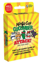 Ninja Cat Cucumber Attack card game by Moonsprocket Games, designed for ages 7 and up. The colorful packaging features playful illustrations of ninja cats wielding cucumbers with vibrant yellow rays as the background. Suitable for 2-4 players, the game promises quick learning and fun gameplay lasting 10-30 minutes.
