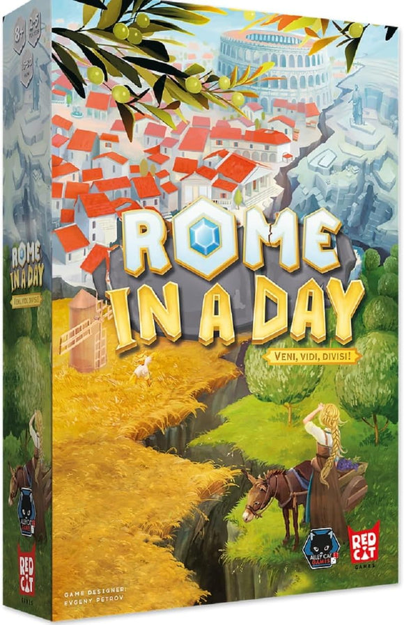 The game box for 'Rome in a Day' by Alley Cat Games. The front features vibrant artwork depicting a picturesque Roman landscape with colorful rooftops, the Colosseum in the background, and characters exploring the terrain. The title is prominently displayed at the center, with the tagline 'Veni, Vidi, Divisi!' below.