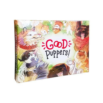 The game 'Good Puppers' by Asmadi Games features a colorful box cover displaying a variety of playful dogs with cheerful expressions. The design includes fun and whimsical artwork, inviting players to engage in a delightful gaming experience centered around adorable canines.