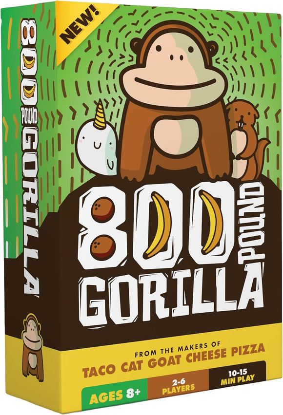 The box of '800 Pound Gorilla' by Dolphin Hat Games featuring a playful cartoon gorilla surrounded by whimsical characters like a narwhal and a beaver. The packaging is bright and colorful, showcasing the game's fun aesthetic. Suitable for 2-6 players aged 8 and up, with a gameplay duration of 10-15 minutes.
