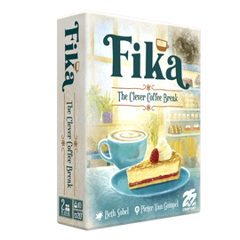 Fika game box featuring whimsical artwork of a cozy café scene. The packaging showcases a slice of cake on a plate and a cup of coffee, along with the game title 'Fika' and subtitle 'The Clever Coffee Break'. Designed for 2 players, ages 10 and up, with a playtime of about 20 minutes.