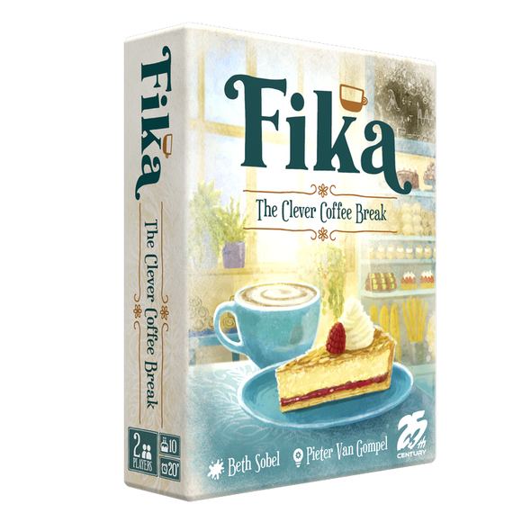 Fika game box featuring whimsical artwork of a cozy café scene. The packaging showcases a slice of cake on a plate and a cup of coffee, along with the game title 'Fika' and subtitle 'The Clever Coffee Break'. Designed for 2 players, ages 10 and up, with a playtime of about 20 minutes.