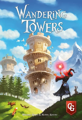 Wandering Towers game by Capstone. The artwork features whimsical towers against a bright blue sky, with a magical figure in a red cloak casting spells. Surrounding the scene are playful animals and lush greenery, evoking a sense of adventure and fantasy.