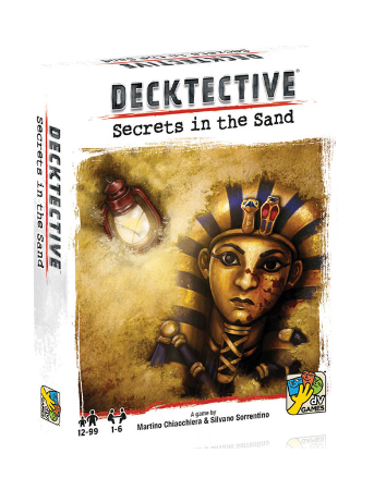 Decktective: Secrets in the Sand is a mystery game designed for 1 to 6 players. The box features an ancient Egyptian theme with an illustration of a pharaoh's face and a lantern, indicating a quest for hidden secrets. The game is created by DV GIOCHI and suitable for ages 12 and up.