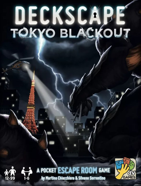 Deckscape: Tokyo Blackout is a thrilling pocket escape room game from DV GIOCHI. The artwork features an ominous night scene in Tokyo with lightning, a towering skyscraper, and the iconic Tokyo Tower. It's designed for 1-6 players aged 12 and up, promising a challenging and immersive experience.