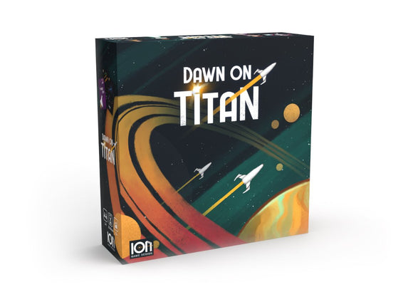 Dawn on Titan game box by Ion Game Design, featuring a vibrant design with spaceships flying through a colorful cosmic landscape including Saturn-like rings and celestial bodies.