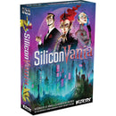 A vibrant box of the game 'SiliconVania' by WizKids, featuring colorful illustrations of three stylish characters: a suave man in a black suit, a fierce woman with red hair, and a futuristic woman with blue hair. The background depicts an imaginative Transylvanian city filled with dark towers and neon lights, embodying a tech overhaul in a gothic setting.