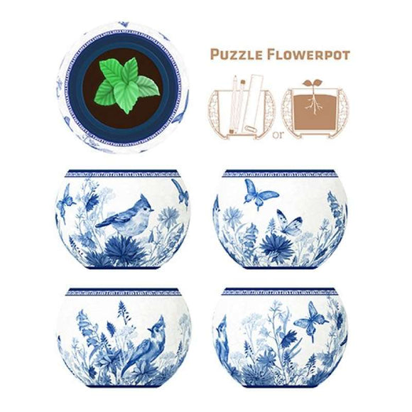 P-Pot K1053 Jigsaw puzzle featuring delicate blue and white floral designs with oriental birds and butterflies. The puzzle creates a beautiful flowerpot design with intricate details.