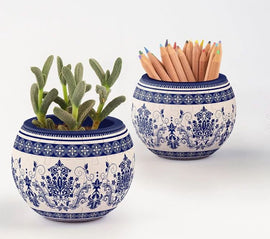 Two decorative ceramic pots with intricate blue and white floral designs. One pot holds a small succulent plant, while the other is filled with colored pencils arranged upright, showcasing a stylish and functional design for home or office decor.