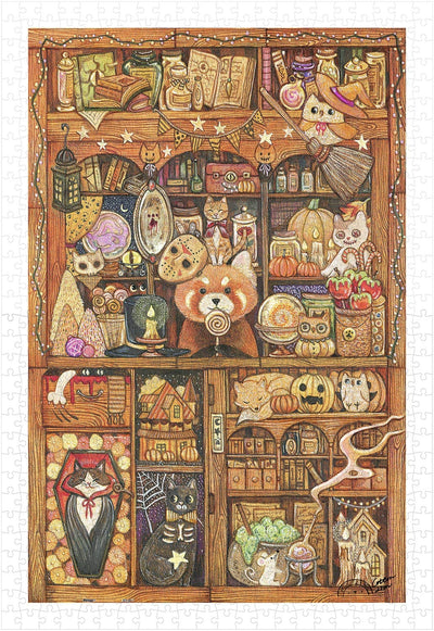 A colorful and whimsical jigsaw puzzle featuring a magical house filled with various adorable characters, including a charming red panda, Halloween decorations, and cute animals. The scene is rich in detail, showcasing shelves filled with books, jars, and festive items, perfect for puzzle enthusiasts and animal lovers.