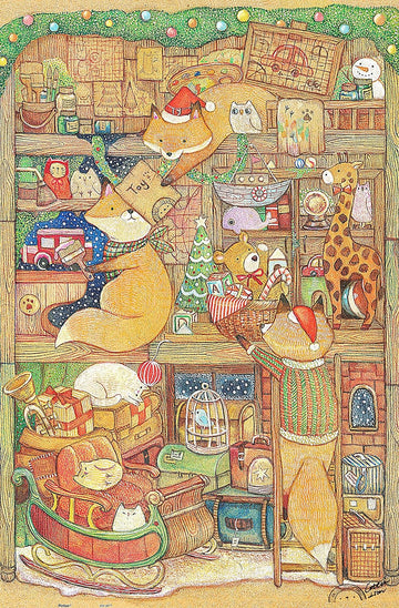 A whimsical jigsaw puzzle image featuring colorful foxes preparing for Christmas in a cozy store filled with toys, decorations, and gifts. The scene is lively with various animals and festive items, creating a delightful and enchanting holiday atmosphere.