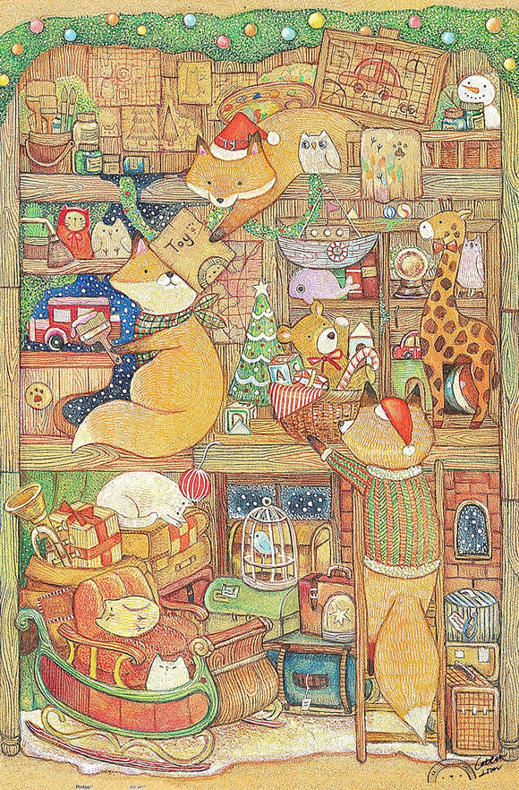 A whimsical jigsaw puzzle image featuring colorful foxes preparing for Christmas in a cozy store filled with toys, decorations, and gifts. The scene is lively with various animals and festive items, creating a delightful and enchanting holiday atmosphere.