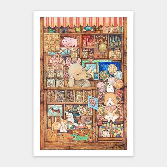 A colorful jigsaw puzzle featuring a whimsical illustration of a shop filled with various adorable animals, colorful jars, and playful decorations. The center features a cartoon rhino, a rabbit, and a dog among a variety of toys and treats, creating a charming scene that delights the imagination.