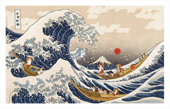 A whimsical jigsaw puzzle titled 'Cats Wave - Nyangsongi' by Pintoo, depicting playful cats in boats navigating a wave. The artwork features traditional Japanese elements with a vibrant red sun and Mount Fuji in the background, enhancing the charming scene.
