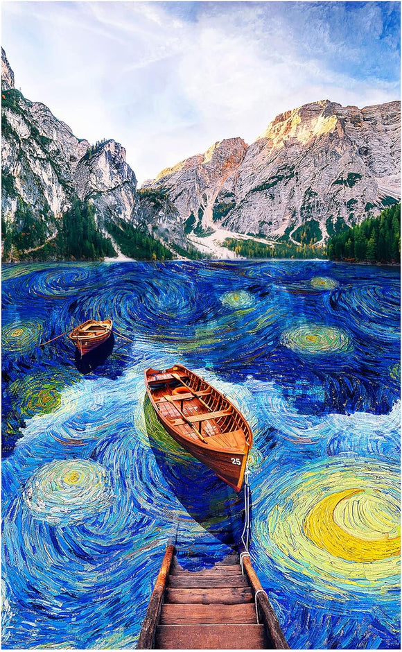 A picturesque jigsaw puzzle featuring a serene scene of wooden boats on a vibrant, swirling blue lake under a starry night sky, surrounded by rugged mountains and lush greenery. The puzzle captures an artistic depiction reminiscent of Van Gogh's style, perfect for puzzle enthusiasts and art lovers.