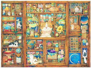 The Puzzle Master - Cotton Lion by Pintoo is a vibrant jigsaw puzzle featuring a whimsical scene filled with colorful cats, various objects, and intricate details. The artwork showcases playful kittens lounging amidst books, lights, and knick-knacks, inviting puzzle enthusiasts into a delightful world of creativity and fun.