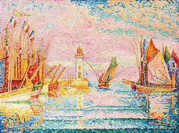 A vibrant jigsaw puzzle featuring the painting 'Le phare, Groix, 1925' by Paul Signac. The artwork depicts a colorful lighthouse surrounded by sailboats in a serene harbor setting, with bold brush strokes and a dreamy pink sky.