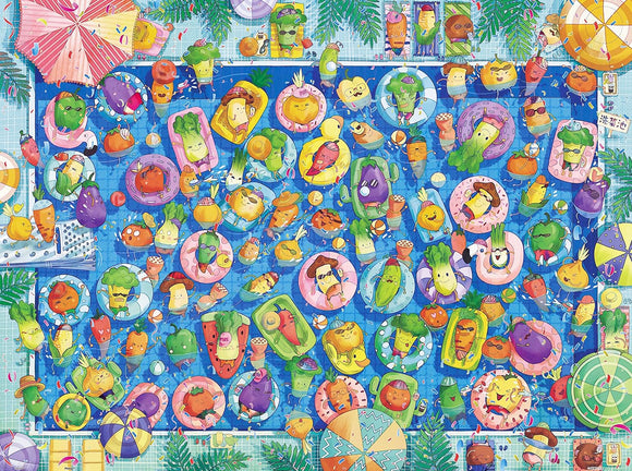 A vibrant jigsaw puzzle titled 'Colorful Summer Pool' by Pintoo, depicting a lively swimming pool scene filled with animated fruits and vegetables enjoying a sunny day. The puzzle features colorful floaties, umbrellas, and a variety of playful characters splashing around, making it a delightful summer-themed activity.