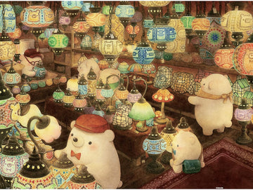 A colorful jigsaw puzzle by Pintoo titled 'The Mosaic Lamp Shop.' The illustration depicts a vibrant shop filled with intricately designed mosaic lamps and adorable bears exploring the surroundings. The scene is rich in detail, showcasing a warm and inviting atmosphere, perfect for puzzle enthusiasts.