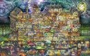 The Night House Maze jigsaw puzzle by Pintoo, featuring an intricate illustration of a multi-level house filled with diverse rooms, staircases, and eerie decorations. The artwork depicts a stormy night with lightning, a moon, and silhouetted trees, emphasizing the mysterious theme of the puzzle.