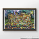 The Night House Maze jigsaw puzzle by Tom Parker from Pintoo. This intricate puzzle features a colorful, whimsical illustration of a multi-level house full of unique rooms, characters, and fantastic details, set against a dramatic sky with lightning and a full moon. Perfect for puzzle enthusiasts and lovers of art.