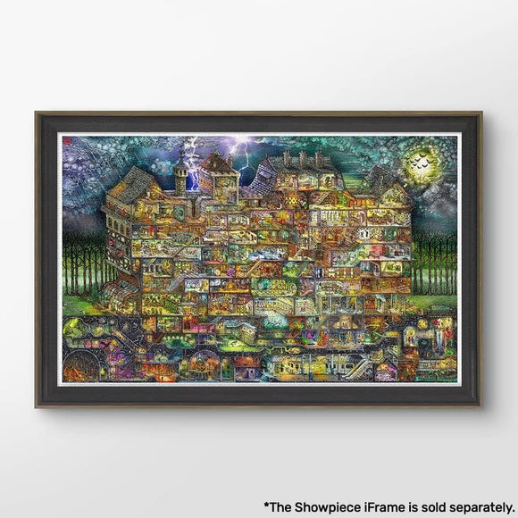 The Night House Maze jigsaw puzzle by Tom Parker from Pintoo. This intricate puzzle features a colorful, whimsical illustration of a multi-level house full of unique rooms, characters, and fantastic details, set against a dramatic sky with lightning and a full moon. Perfect for puzzle enthusiasts and lovers of art.