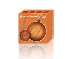 P-Key: A1367 Basketball jigsaw puzzle by Pintoo. The image shows a vibrant orange box with illustrations of a basketball keychain and a round puzzle piece design. The puzzle contains 24 pieces and features a glossy finish, ideal for sports enthusiasts and puzzle lovers alike.