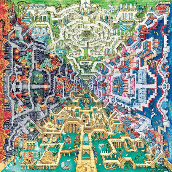 Myth Maze jigsaw puzzle by Pintoo featuring a vibrant and intricate illustration of a fantastical maze. The artwork showcases diverse architectural styles, lush landscapes, mythical creatures, and a detailed labyrinthine structure, inviting puzzlers to explore its enchanting details while assembling the pieces.