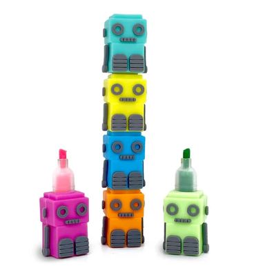 A colorful set of stackable markers designed to look like robots. The markers are in various bright colors including pink, orange, yellow, green, and blue, with cheerful facial expressions and fun mechanical features. They can be stacked to create a playful display, making them both functional and decorative for kids and adults alike.