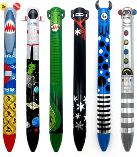 A collection of six colorful metallic pens, each featuring unique and playful designs including a shark, an astronaut, a dinosaur, a ninja, and more. These pens have vibrant colors and cartoonish illustrations, perfect for art projects or creative doodling.