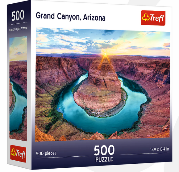 Trefl Grand Canyon Jigsaw Puzzle featuring a stunning aerial view of the Grand Canyon at sunset. The puzzle contains 500 pieces and measures 18.9 x 13.4 inches when completed. Ideal for both adults and children, providing a relaxing activity to enjoy solo or with family and friends.