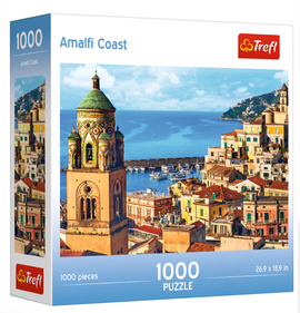 Trefl's Amalfi Coast jigsaw puzzle featuring a vibrant view of colorful coastal buildings, a bell tower, and a serene blue sea. The puzzle consists of 1000 pieces, with dimensions of 26.9 x 18.9 inches, providing an enjoyable challenge for puzzle enthusiasts.