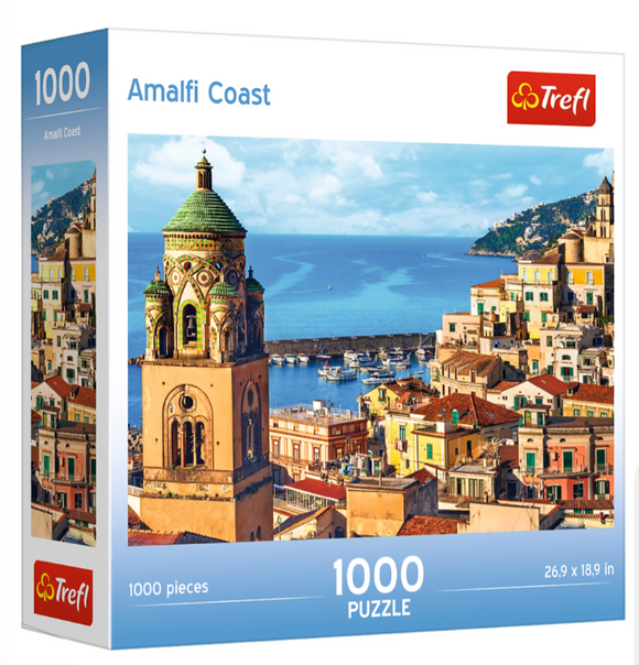 Trefl's Amalfi Coast jigsaw puzzle featuring a vibrant view of colorful coastal buildings, a bell tower, and a serene blue sea. The puzzle consists of 1000 pieces, with dimensions of 26.9 x 18.9 inches, providing an enjoyable challenge for puzzle enthusiasts.