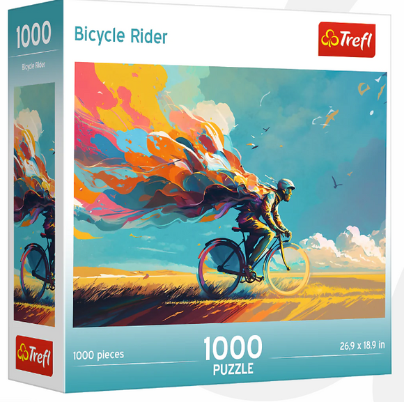 Trefl 1000-piece jigsaw puzzle titled 'Bicycle Rider' featuring a vibrant illustration of a cyclist with colorful flowing elements behind them, set against a scenic background.