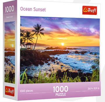 Trefl Ocean Sunset jigsaw puzzle featuring a vibrant sunset over the ocean. This 1000-piece puzzle showcases palm trees, rocky shores, and colorful skies, perfect for relaxation and family fun.