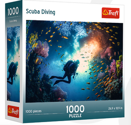 Trefl Scuba Diving jigsaw puzzle with 1000 pieces, featuring a vibrant underwater scene filled with colorful fish and corals, ideal for hobbyists and puzzle enthusiasts.
