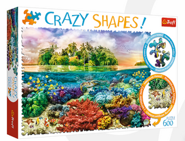 Trefl jigsaw puzzle titled 'Tropical Island' featuring a vibrant underwater scene with colorful corals and fish, set against a tropical island backdrop. The puzzle consists of 600 pieces and showcases unique, irregular shapes for a challenging experience.